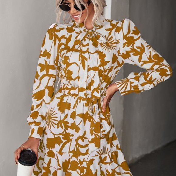 Floral Tie Neck Belted Puff Sleeve Dress - Picture 6 of 6